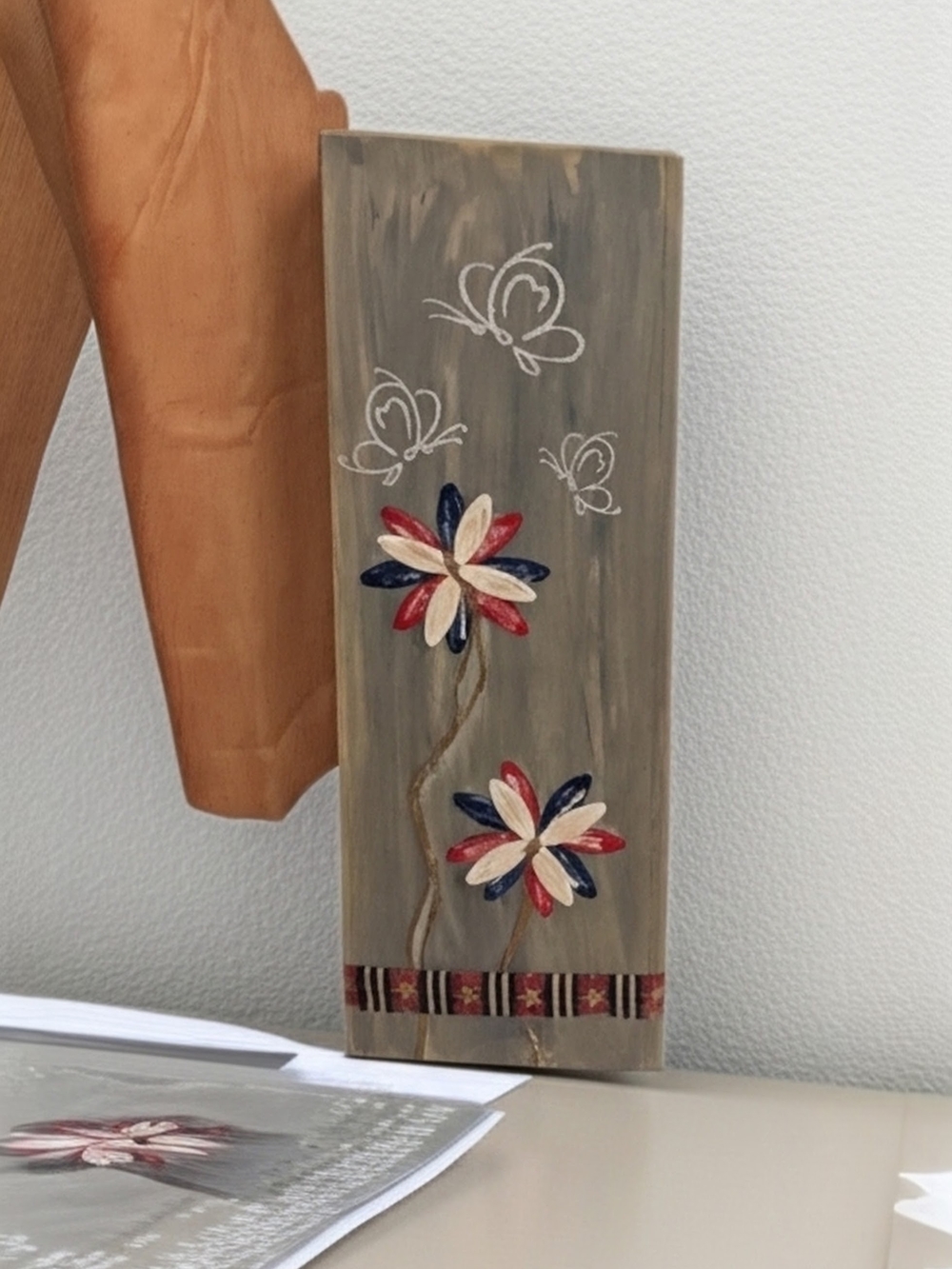 Hand-Painted Gray Wooden Floral Wall Art with Red, Blue & Cream Flowers